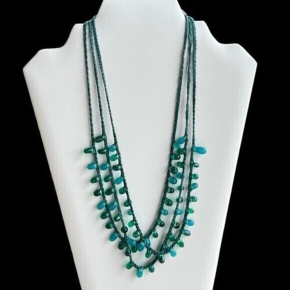 HANDMADE Multistrand Turquoise Glass Bead Necklace 19 in + 2.5 in Ext. Blue Teal - Picture 2 of 8